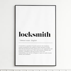 Puede incluir: Un cartel enmarcado con la palabra "locksmith" en negrita negra. Debajo, se proporciona la definición de un cerrajero en texto negro más pequeño, sobre un fondo blanco.