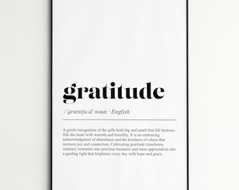 Dankbarkeit Definition Print, inspirierende Typografie, moderne Wandkunst