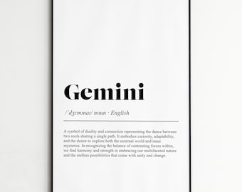 Gemini Definition Print , Inspirational Zodiac Dictionary Wall Art , Modern Typography Poster , Home Decor Wall Art