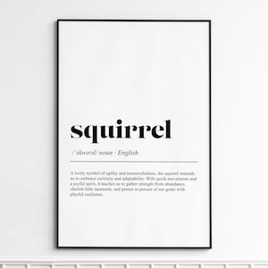 May include: Black framed print with the word "squirrel" in bold, black font. Below, the phonetic pronunciation and the word "noun" are displayed. The definition of squirrel is also included.