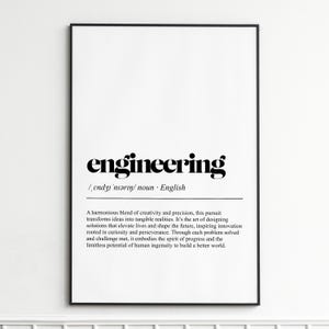May include: A framed print with the word "engineering" in bold black font. Below the word is the phonetic pronunciation and the word "noun". The description of engineering is below the line.