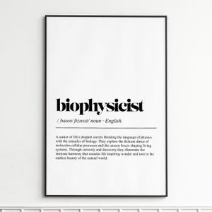 Biophysicist Definition Print , Elegant Dictionary Wall Art , Scientific Typography Poster , Home Office Decor