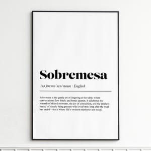 Może przedstawiać: Oprawiony wydruk z napisem "Sobremesa" pogrubioną czcionką. Poniżej znajduje się wymowa i słowo "rzeczownik". Definicja Sobremesy jest napisana mniejszą czcionką pod tytułem.