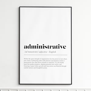 Puede incluir: Impresión enmarcada en negro con la palabra "administrative" en negrita. El texto incluye la pronunciación fonética y la palabra "adjetivo". También se incluye una definición de la palabra en letra más pequeña.