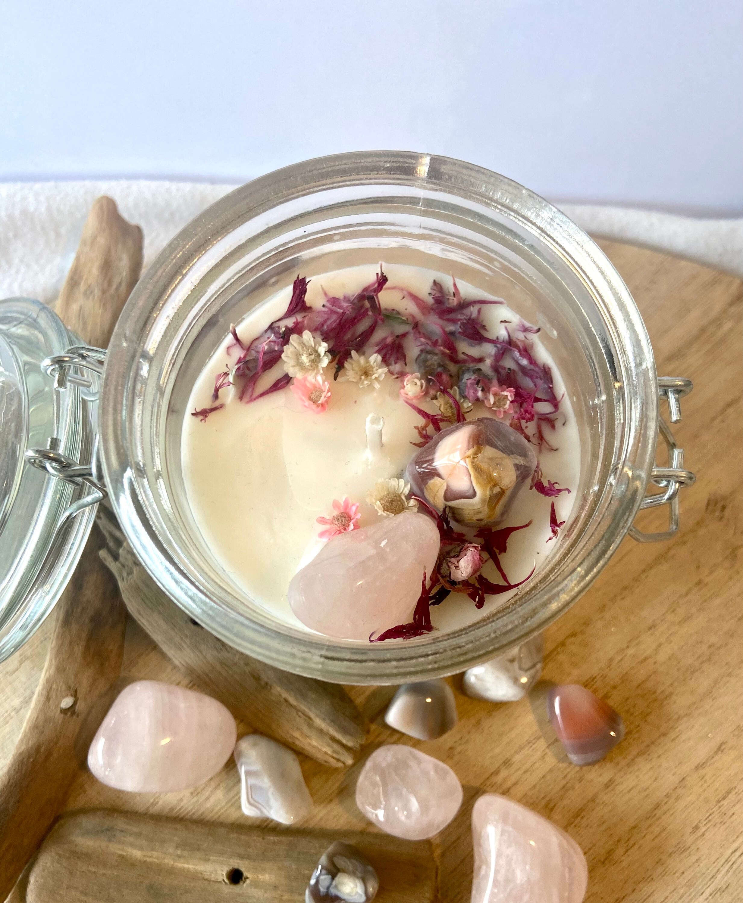 Bougie Énergétique Confiance - Quartz Agate Fleurs Séchées