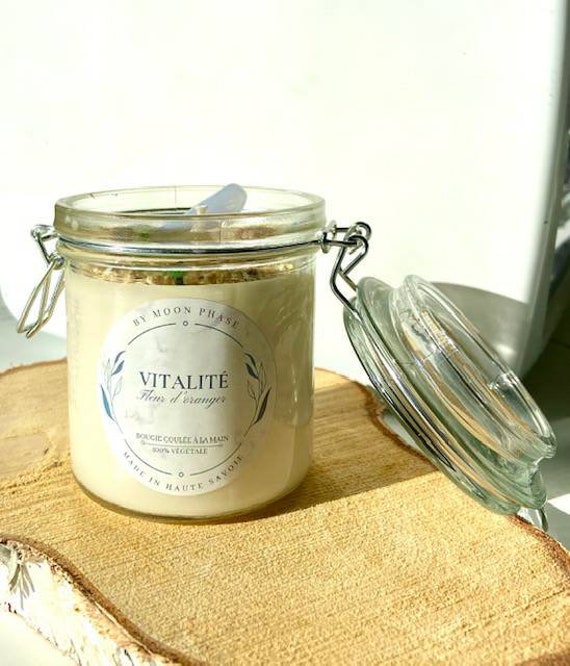 Bougie Énergétique Vitalité - Aigue Marine Calcedoine Fleurs Séchées