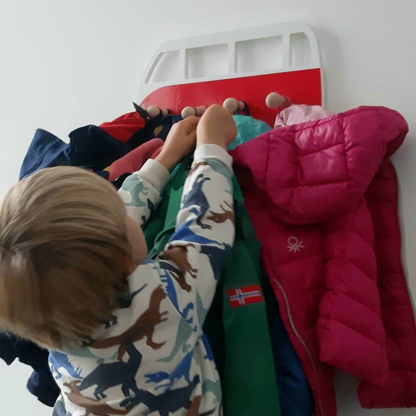 Armoire pour enfants, porte-veste, bus VW, Bulli, Volkswagen T1, cadeau, armoire, armoire individuelle, crochets de veste, couloir, bois, moderne