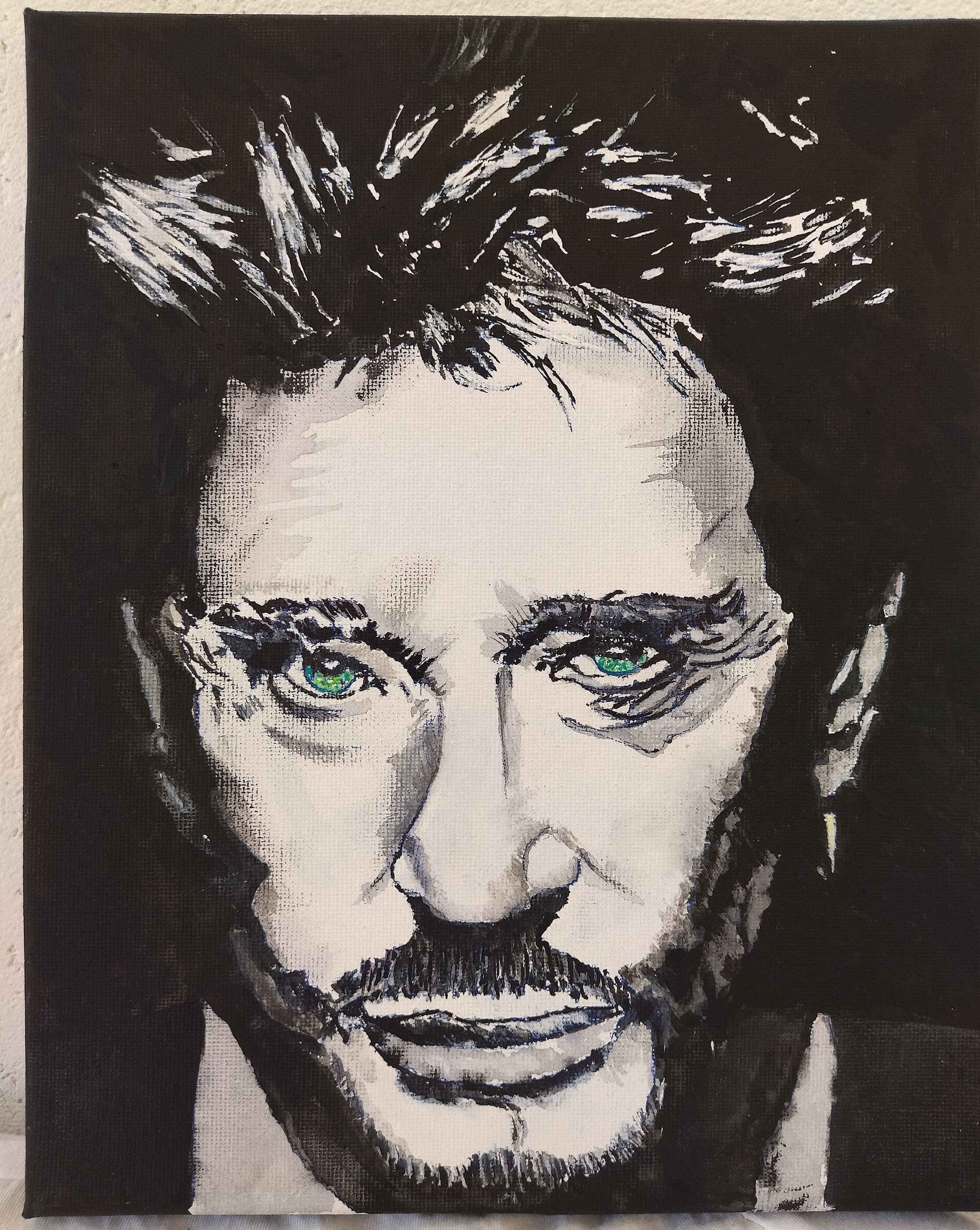 Portrait Johnny Hallyday Encre de Chine Stylo Bleu sur Tableau
