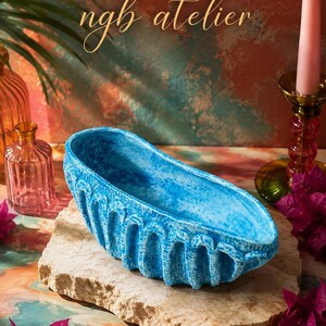 Handmade Blue Ceramic Shell Bowl, Ocean Decor Jewelry Dish, Coastal Catchall Tray