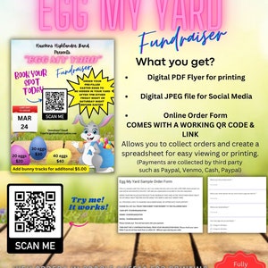 May include: A colorful flyer for an Easter egg hunt fundraiser. The flyer features a cartoon bunny rabbit, a QR code, and the text "Egg My Yard". The flyer also includes information about the fundraiser, such as the date, time, and location. The flyer is designed to be printed and distributed to potential participants.