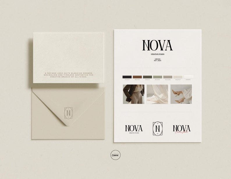 May include: A stationery set featuring a business logo design. The set includes a business card, envelope, and a presentation sheet with the logo, color palette, and sample images. The logo is in black, and the stationery is in neutral tones.