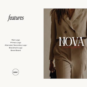 May include: A beige suit with the word "NOVA" in a serif font. The image also includes the word "features" and a list of design elements: Main Logo, Primary Logo, Alternate/Secondary Logo, Brandmark Logo, and Brand Board. The Canva logo is also present.