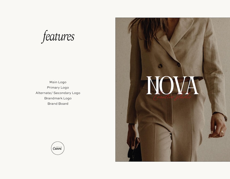 May include: A beige suit with the word "NOVA" in a serif font. The image also includes the word "features" and a list of design elements: Main Logo, Primary Logo, Alternate/Secondary Logo, Brandmark Logo, and Brand Board. The Canva logo is also present.