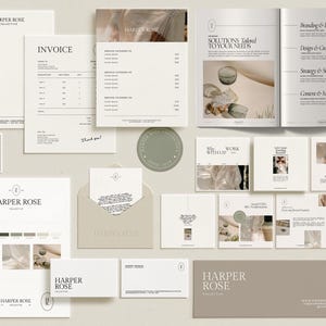May include: A collection of stationery and branding materials in neutral tones. Includes invoices, brochures, business cards, and a color palette guide. The Harper Rose Collection logo is featured prominently on various items.