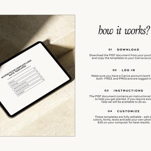 May include: A digital tablet displaying a white screen with the text "ACCESS TO THE COMPLETE LOGO SUITE TEMPLATES." The screen also shows a list of logo templates. The text "how it works?" is above a numbered list of instructions.