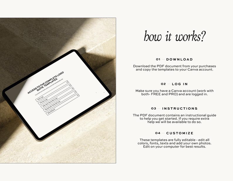 May include: A digital tablet displaying a white screen with the text "ACCESS TO THE COMPLETE LOGO SUITE TEMPLATES." The screen also shows a list of logo templates. The text "how it works?" is above a numbered list of instructions.
