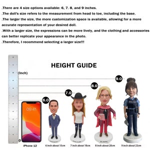 May include: Height guide for custom dolls showing four dolls in different sizes: 6 inches (15 cm), 7 inches (18 cm), 8 inches (20 cm), and 9 inches (22 cm). The dolls are standing in front of a ruler with the text "HEIGHT GUIDE" above them.