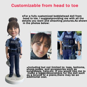 May include: A customizable bobblehead doll of a police officer. The doll is wearing a blue police uniform with a black belt and a black vest with the word "POLICE" printed on it. The doll is holding a pair of handcuffs in its left hand. The doll is standing on a white base with the words "officer karel" printed on it.
