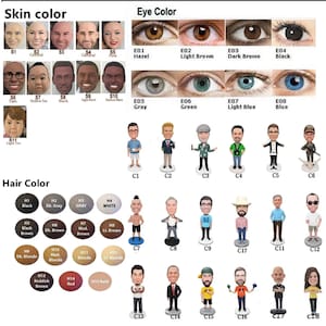 May include: A chart with images of different skin tones, eye colors, and hair colors. The chart is labeled with the different options for each category. The chart is used to create custom bobbleheads.