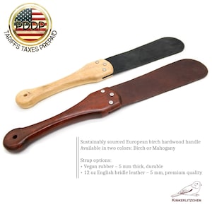 The Marquis Strap – Handmade BDSM Prison Strap with Birch Handle, Tapered Design, Leather or Vegan Rubber, Impact Toy for Spanking Play