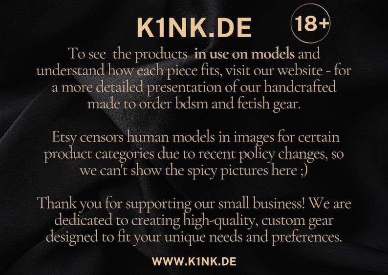 May include: Dark background with text in a gold color. The text includes the website address K1NK.DE and the words "bdsm and fetish gear." An "18+" symbol is in the upper right corner.