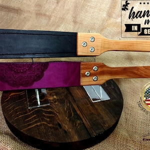 Leather Spanking Prison Strap Cherry Wood BDSM Impact Play Beaver Tail Paddle