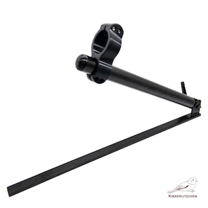May include: A black metal clamp with an adjustable arm and a long, flat bar. The clamp has a rounded knob and a circular opening. The arm extends to a hinged joint, and the bar extends downward. The product is likely a mounting bracket or support.