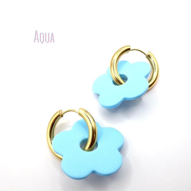 Créoles interchangeables forme fleur/Boucles d'oreilles fleurs en acier inoxydable pour femme/Bijoux colorés/Idée cadeau/Coquelicot Aqua