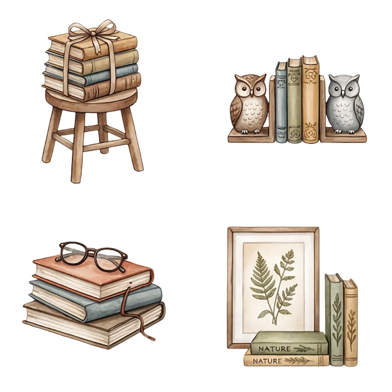 May include: Watercolor illustration of books and reading accessories. A stack of books tied with a bow sits on a small wooden stool. Other images include books with glasses, owl bookends, and a framed botanical print.