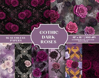Papel digital sem emendas com rosas góticas escuras, 16 fundos florais românticos góticos, para uso comercial.