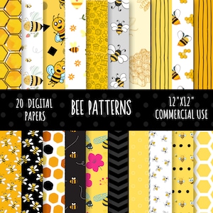 Bee Digital Paper Pack, Papier mit Bienenmuster, Wabenpapier, Gelb und Schwarz, Scrapbooking-Papier, kommerzielle Nutzung, 20, 12x12