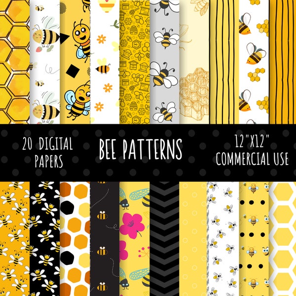 Bee Digital Paper Pack, Bee Patterned Paper, Honeycomb Paper, Yellow and Black Scrapbooking Paper, Commercial Use, 20, 12x12