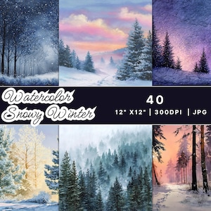 Op de afbeelding: Een verzameling van 40 aquarel schilderijen die besneeuwde wintertaferelen uitbeelden. Elk kunstwerk van 30,48 cm x 30,48 cm toont een ander winterlandschap met besneeuwde bomen, paden en luchten. De afbeeldingen zijn in JPG-formaat met 300 DPI.