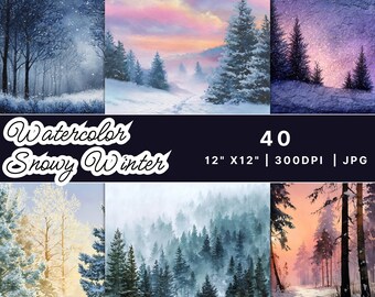 Snowy Winter Forest Paper Bundle, Woodland Scene, Winter Pine Tree Backgrounds JPG, Commercial Use
