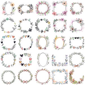 May include: A set of 25 hand-drawn floral wreaths and frames in various shapes and sizes. The wreaths and frames are decorated with flowers, leaves, and hearts in a variety of colors, including pink, blue, green, and yellow.