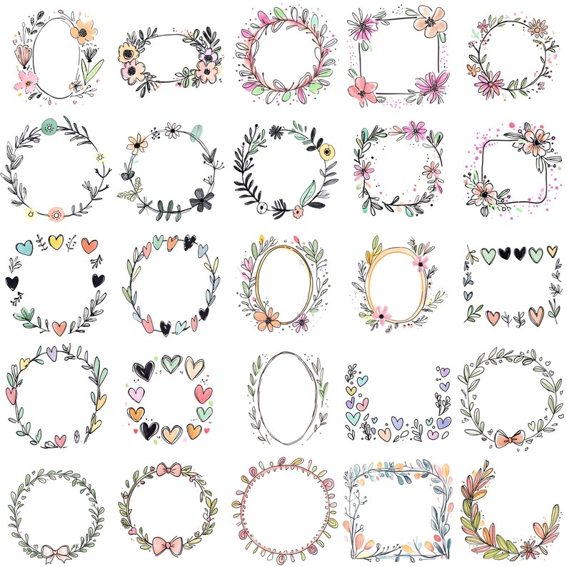 May include: A set of 25 hand-drawn floral wreaths and frames in various shapes and sizes. The wreaths and frames are decorated with flowers, leaves, and hearts in a variety of colors, including pink, blue, green, and yellow.