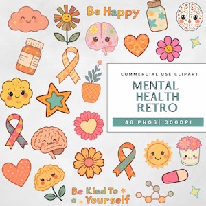 Raccolta di clipart retrò sulla salute mentale, vibrazioni positive kawaii, grafica a sublimazione sull'ansia, PNG sulla cura di sé, uso commerciale