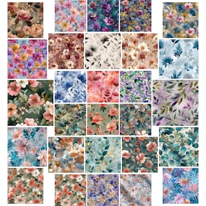 May include: A selection of floral fabric patterns. The designs showcase watercolour-style flowers and foliage in pinks, purples, blues, and greens. Some patterns have a vintage or botanical appearance.
