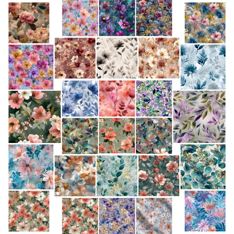May include: A selection of floral fabric patterns. The designs showcase watercolour-style flowers and foliage in pinks, purples, blues, and greens. Some patterns have a vintage or botanical appearance.