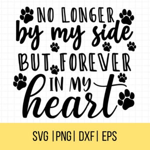 May include: Black and white graphic design with paw prints and the text "NO LONGER by my side BUT FOREVER in my heart".