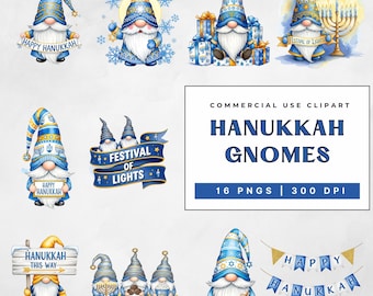 May include: A set of watercolour illustrations featuring Hanukkah gnomes in blue and gold. The gnomes are shown with traditional hats and holding signs with text such as "Happy Hanukkah" and "Festival of Lights." There is also a banner that says "Happy Hanukkah."