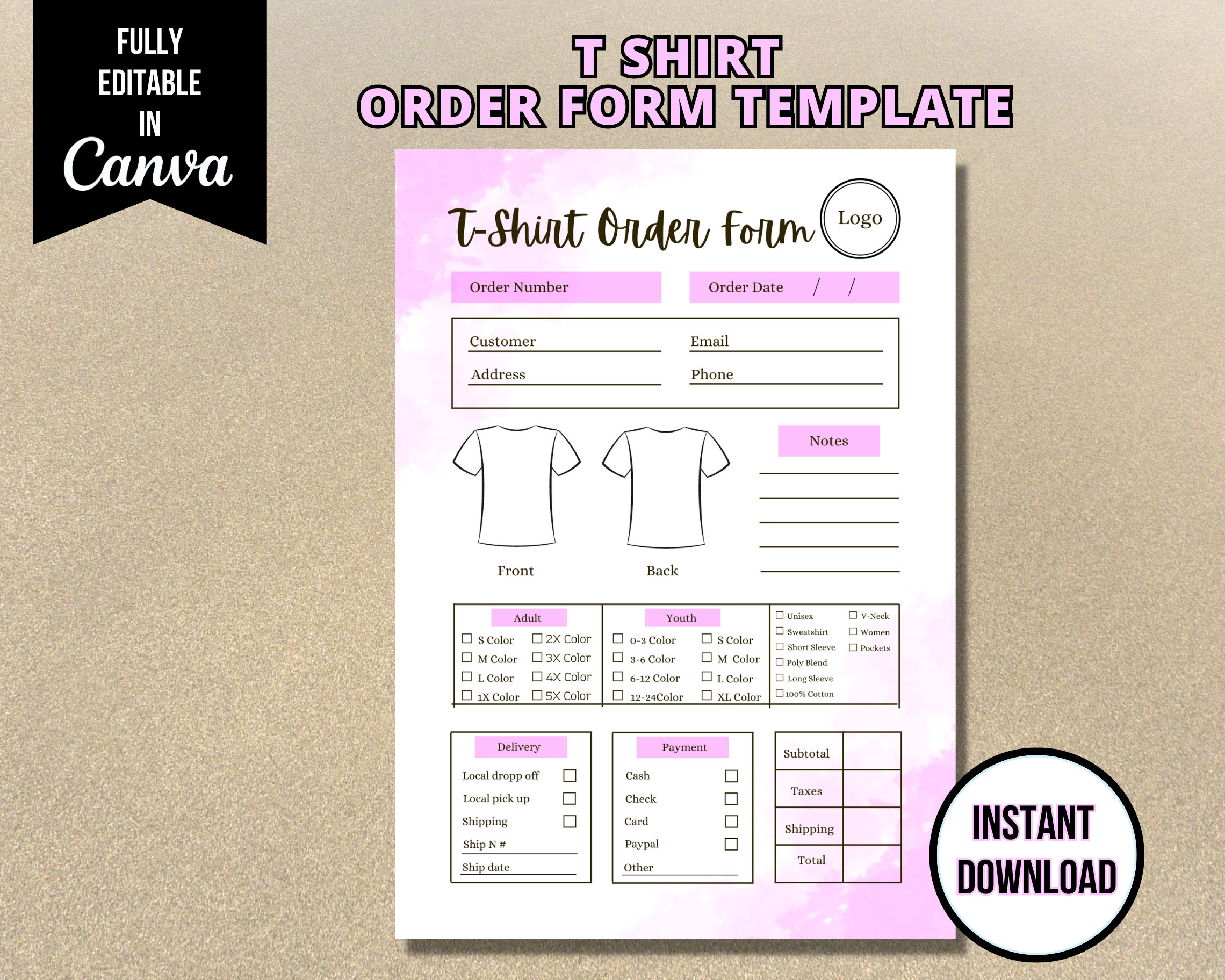 T-Shirt Order Form Template: Editable Canva Design (Digital Download)
