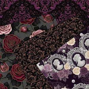 May include: A collection of patterned papers featuring gothic and Victorian designs. The papers showcase roses, cameos, and ornate scrollwork in shades of black, burgundy, gray, and cream. The designs include lace and floral patterns.