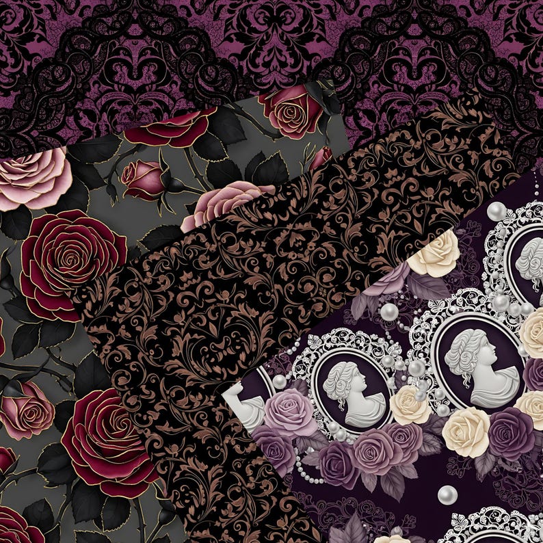 May include: A collection of patterned papers featuring gothic and Victorian designs. The papers showcase roses, cameos, and ornate scrollwork in shades of black, burgundy, gray, and cream. The designs include lace and floral patterns.
