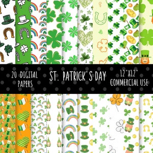 Pode incluir: 20 papéis digitais com padrões temáticos do Dia de São Patrício. Os padrões incluem trevos, arco-íris, duendes, chapéus, moedas de ouro e ferraduras. Os papéis medem 12 polegadas por 12 polegadas e são para uso comercial.