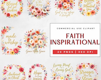 Faith Christian Floral Clipart Bundle PNG, Inspirational Scripture Sayings, Jesus Quotes Sublimation, Faith-Based Printable, Commercial Use