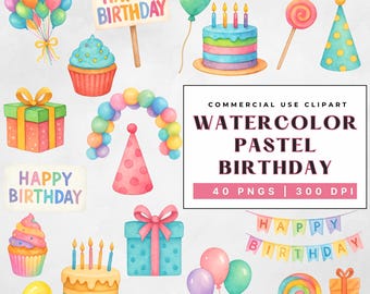 Lot de cliparts anniversaire aquarelle : décoration de fête pastel (téléchargement numérique, fichiers PNG à usage commercial)
