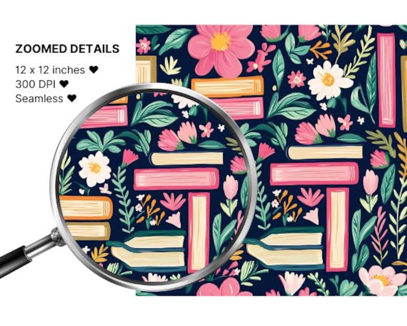 Book Text Zoomed In Books and Flowers Seamless Pattern: Library Bookshelf Designs (digital ...