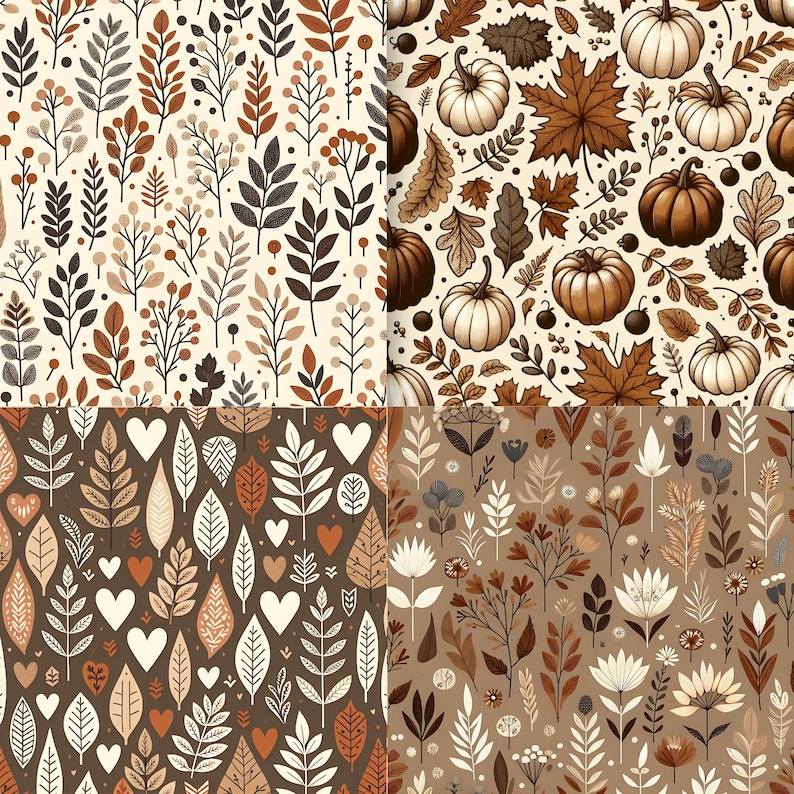May include: Four seamless patterns with autumnal themes. The patterns feature botanical designs with leaves, pumpkins, and hearts in shades of brown, cream, and orange. Ideal for autumn-themed crafts and decor.