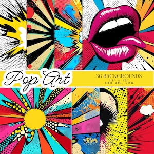 Puede incluir: Una colección de 36 fondos de arte pop en una variedad de colores y diseños vibrantes. Los fondos incluyen imágenes de labios abiertos, explosiones y patrones geométricos. El texto "Pop Art" se muestra en cursiva, y las dimensiones son 30,48 cm x 30,48 cm.
